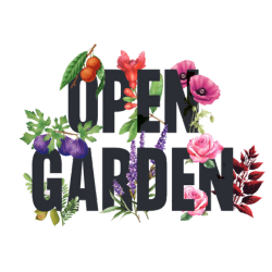 Logo reading 'Open Garden', with illustrations of plants