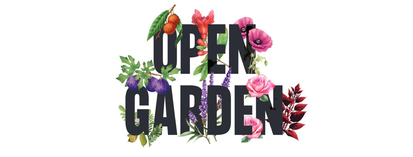 Logo reading 'Open Garden', with illustrations of plants