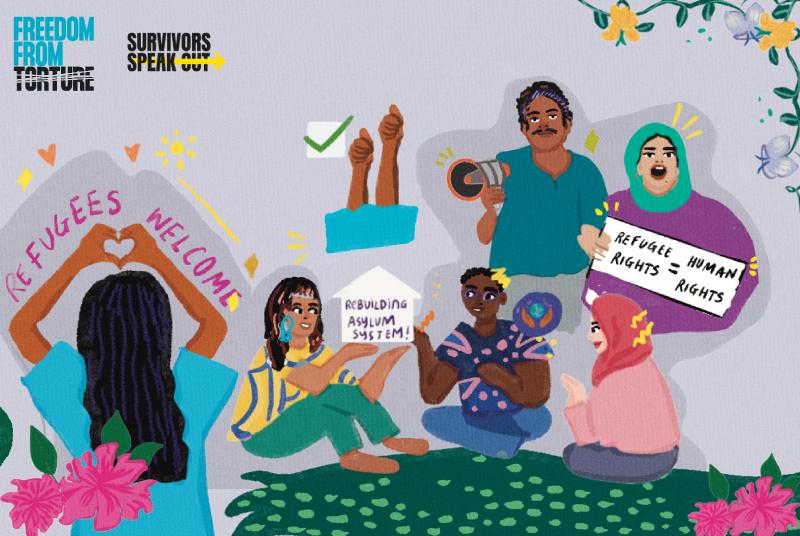 Illustration of multiple people representing our refugee rights manifesto