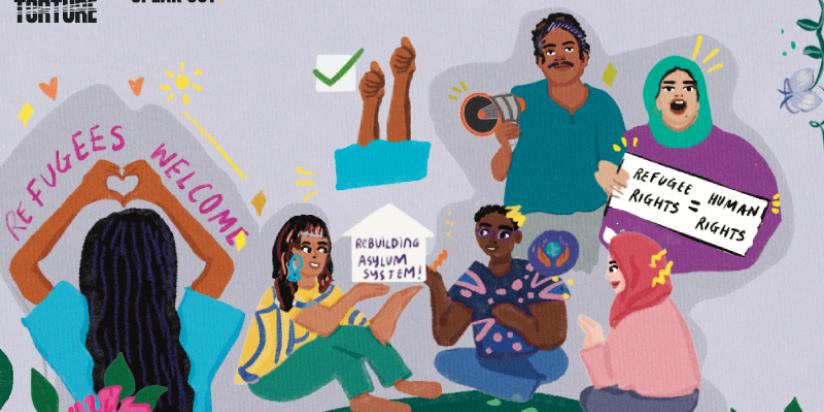 Illustration of multiple people representing our refugee rights manifesto