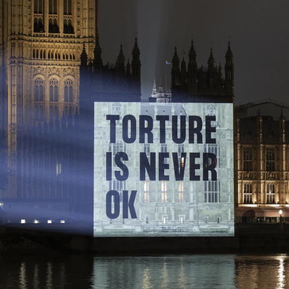 Projection on parliament reading "Torture is never ok"