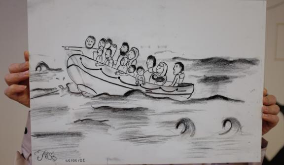 A drawing of a family on a boat